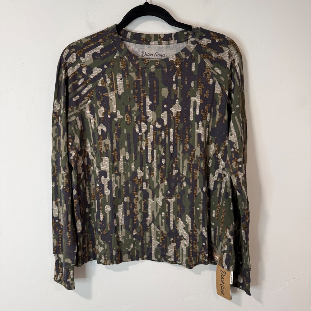 Duck Camp Womens Bamboo Crew L Woodland NWT Camo UPF30+ Moisture Wicking WHC2525